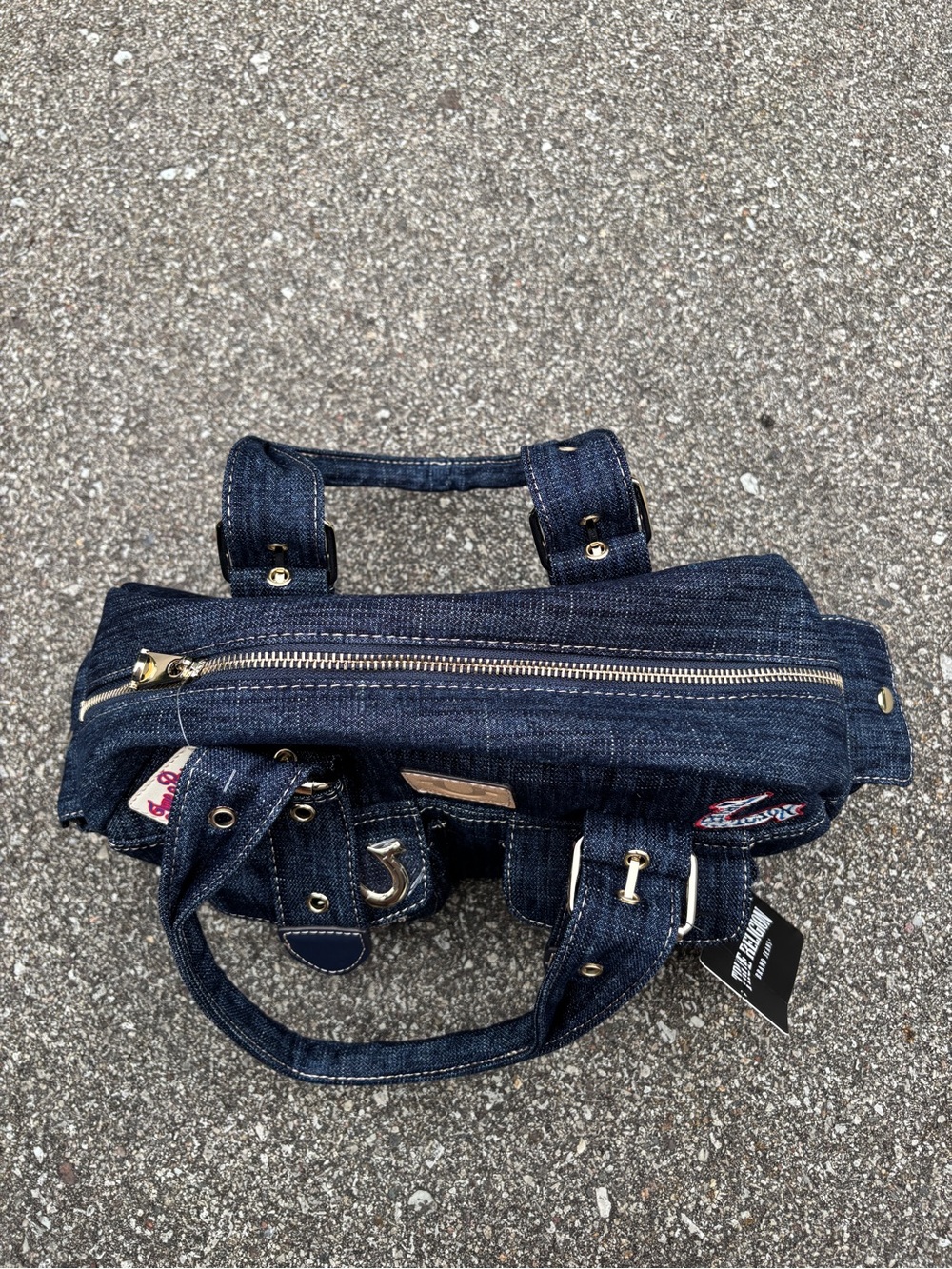 True Religion Dark Blue Denim Patchwork Purse Bag with Belt Straps - Picture 6 of 8
